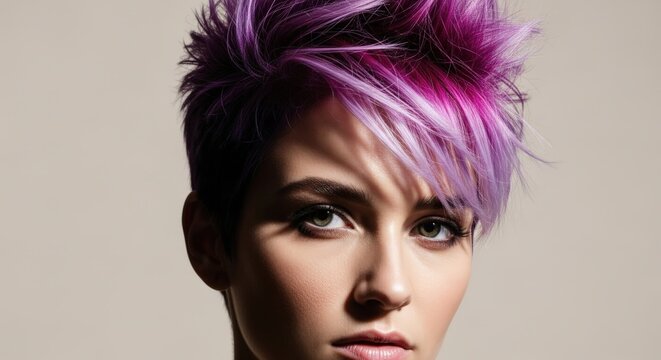 a close-up portrait of a woman looking forward, showcasing an edgy short pixie hairstyle dyed in vibrant shades of purple, magenta, and lavender spikes on a solid light grey background
