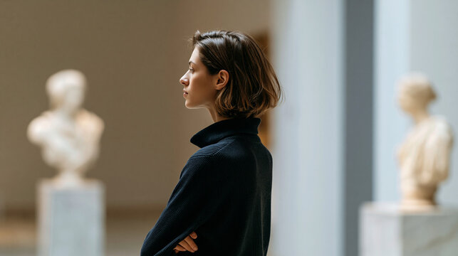 Woman visitor looking at an ancient sculpture exhibition in a museum, classical art appreciation concept, with copy space