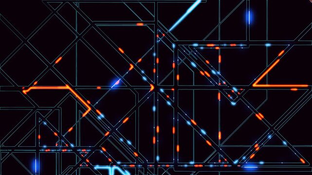 Complex network, public transportation map. Colorful animated subway map, railway map, digital network with intersecting lines and neon nodes on a dark background. Pipeline diagram.