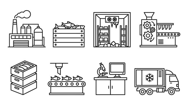 Outline vector icons detailing the modern fish processing supply chain, from factory production, quality control to packaging and efficient refrigerated distribution