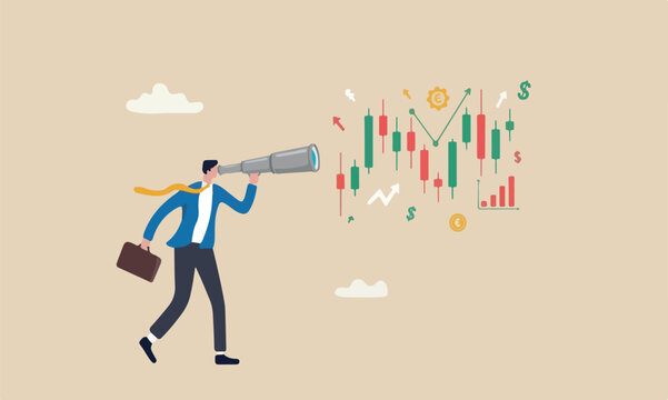 Investment industrial to see investing opportunity, future profit from stock and crypto trading concept, businessman investor look on spyglass on trading candlestick chart