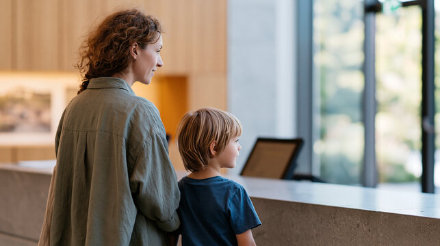 Family purchasing tickets at a museum entrance with an exhibit preview visible behind the counter, cultural tourism and visitor experience concept, with copy space