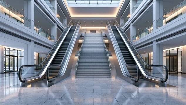 Modern indoor escalators in a bright corporate shopping mall corridor
