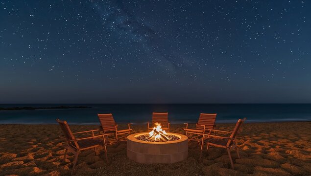 Stars Shine Over a Campfire With Chairs on a Beach at Night