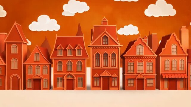 Stylized miniature paper craft town with orange houses and fluffy white clouds against an orange sky