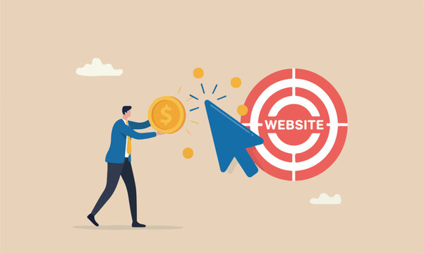 Paid or,red bullseye target marketing campaign pay for online ads for users to visit website concept, businessman marketer push money coin into mouse pointer to click to website