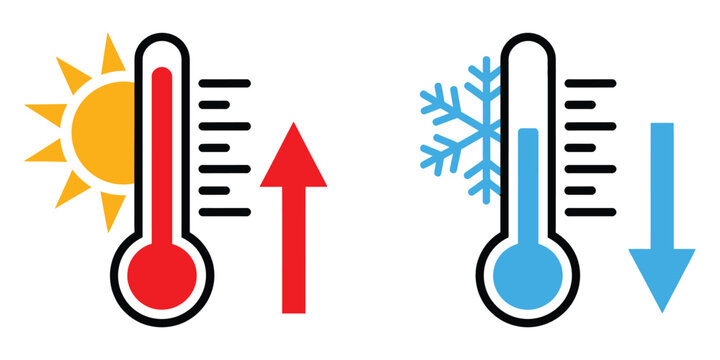 Thermometer temperature up and down icon with hot and cold indicators for weather forecast, temperature tracking, thermal control, and safety design