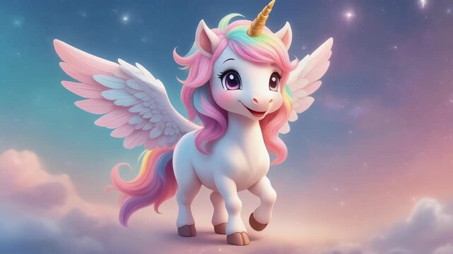 Cute winged unicorn prancing gently among soft clouds during a magical twilight sky