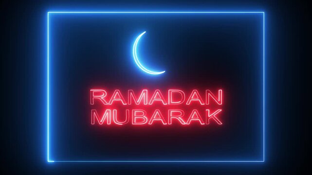 Ramadan Mubarak neon sign illuminates progressively displaying festive greeting across three frames video islamic muslim festival celebration religious holiday fasting