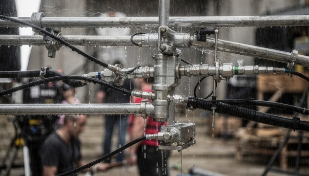 Rain rig mechanism showing dripping water pipes sharply in focus while the surrounding actors and props remain softly blurred to highlight technical detail.