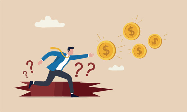 Financial risk, greed and fear investment, making money, debt or loss problem, chasing investment return, danger or crisis, businessman risk himself chasing money to grab flying dollar gold coin