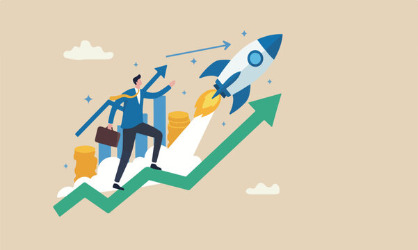 Boost rocket, investment growth, start or launch new business, innovation to boost success, rising up and improvement concept, businessman on growth chart launching rocket