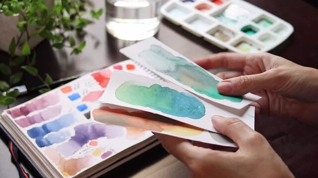 Artist examining watercolor color swatches on paper to compare paint mixtures before starting a painting. Creative process of selecting color combinations, testing pigments and planning. Close-up view