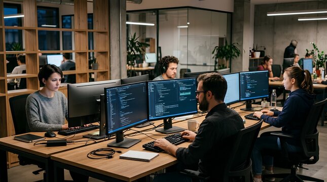 Software developers work at multiple monitors in a contemporary open office, writing code for technology teamwork, startup, and digital workplace marketing.