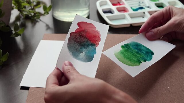 Artist comparing watercolor color swatches on paper before painting. Choosing paint mixes and testing color combinations in home art studio. Creative process, art education, color theory
