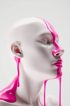Glossy white mannequin head in profile with vibrant pink paint dripping down its face