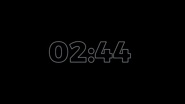 A wonderful new white glowing neon new countdown, 03 minute to 00 second countdown.Abstract three to zero minute countdown timer animation on black background.Stopwatch,timer,clock countdown countdown