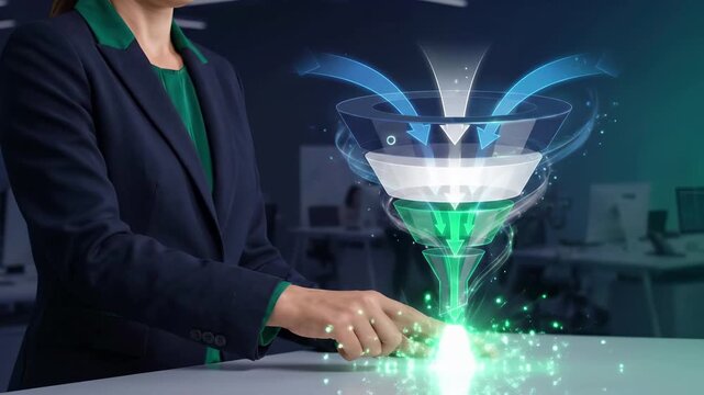 Sales funnel marketing strategy for lead generation and customer conversion. Business professional analyzing digital data analytics and campaign performance metrics. Online pipeline optimization