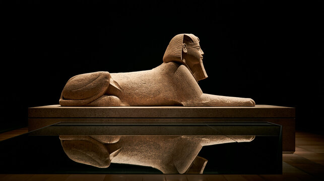 Reflection of a stone Egyptian sphinx in a dark museum room, ancient Egypt exhibit and historical artifact concept, with copy space