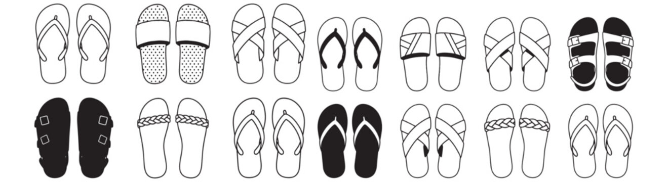 Black and White Flip Flop and Sandal Pattern Illustration Showing Various Summer Footwear Styles