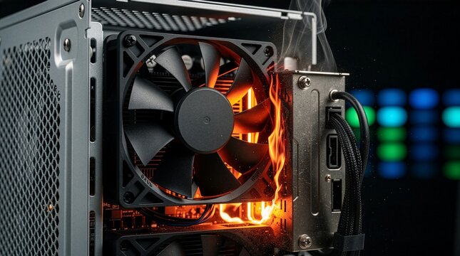 A close-up shot of a computer graphics card and cooling fan catching fire with smoke inside a PC chassis, concept of hardware overheating, component failure, and hazard.