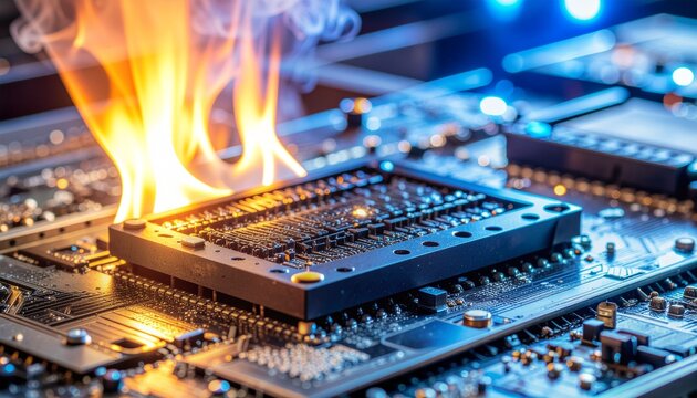A close-up shot of a computer motherboard processor socket catching fire with smoke, conceptualizing semiconductor overheating, critical hardware failure, and tech hazard.