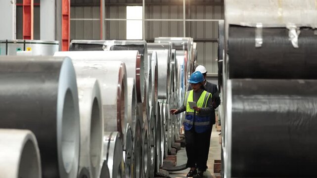 Professional logistics managers auditing metal coil storage facility or checking inventory in warehouse.