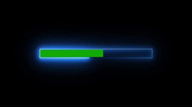 Neon blue glowing loading bar animation with green progress indicator for digital interface and UI progress bar. 4k video