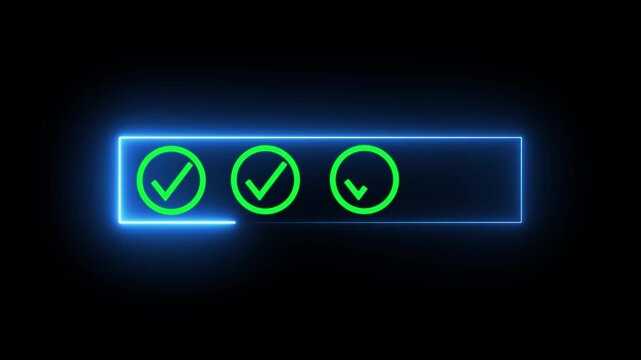 Neon glowing progress bar with animated green checkmarks for task completion and success UI.4k video