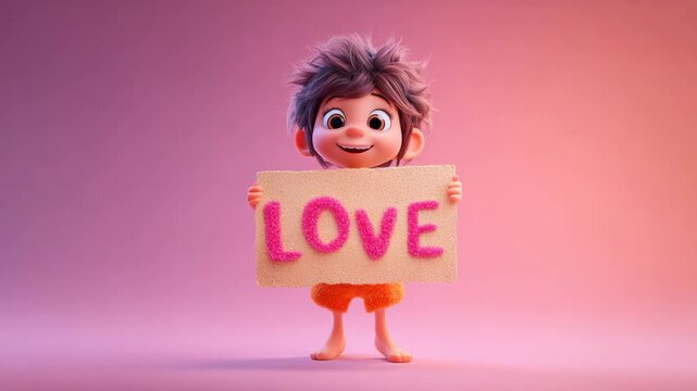 Funny and adorable animated character holding a handmade love sign gift with playful body language warm lighting colorful cartoon style smooth lines clean background
