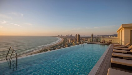 Obraz premium Luxury Infinity Pool With Ocean View at Sunset in a Coastal City