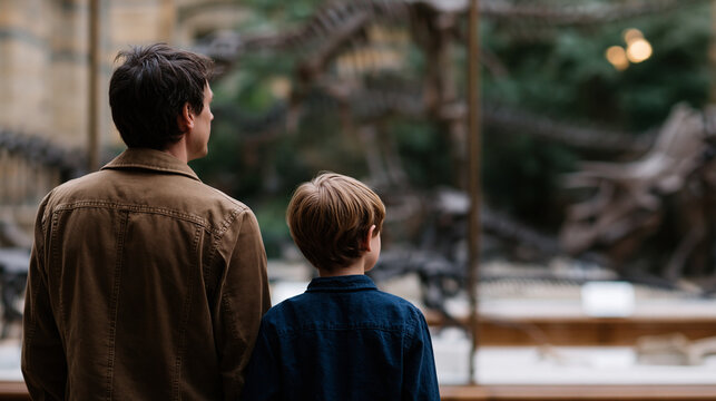 Father and son watching a dinosaur skeleton display in a natural history museum, family learning and education concept, with copy space