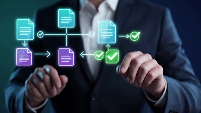Businessman touching a digital workflow interface with connected document files and approval checkmarks. Modern management, business process automation, and electronic file validation across