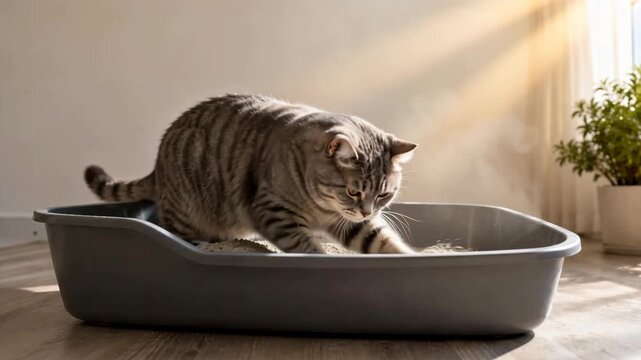 4K footage of a grey tabby cat digging in a plastic litter box with flying dust particles in sunlight. Perfect for pet care marketing, feline hygiene promos, and cat litter commercials