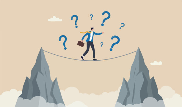 Business or investment risk protection, challenge, danger difficulty overcome success concept, confident brave businessman ropewalker equilibrium walk high tight rope
