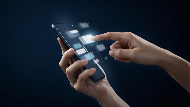 Human hand holding a generic smartphone while another hand interacts with a floating AI communication interface, representing intelligent messaging, digital connectivity, and modern technology