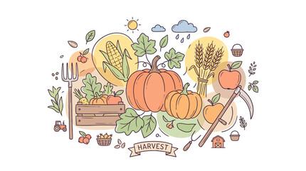 Fototapeta premium Hand drawn doodle illustration of autumn harvest theme with pumpkins and crops.