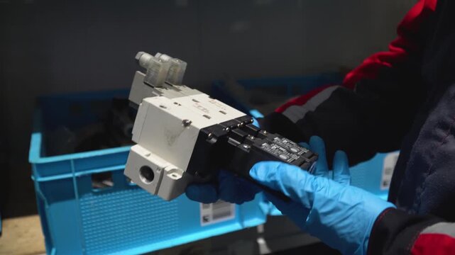 Close-up of a worker in blue gloves holding a pneumatic valve spare part for production line maintenance