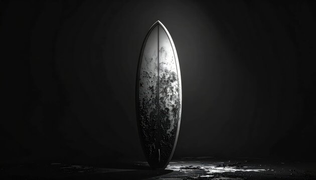 Dramatic Black and White Studio Shot of a Textured Surfboard Standing Upright Against a Dark Background with Ample Copy Space for Artistic Design and Sport Branding