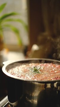 Traditional Ukrainian borscht soup with fresh dill in a metal pot cooking close up