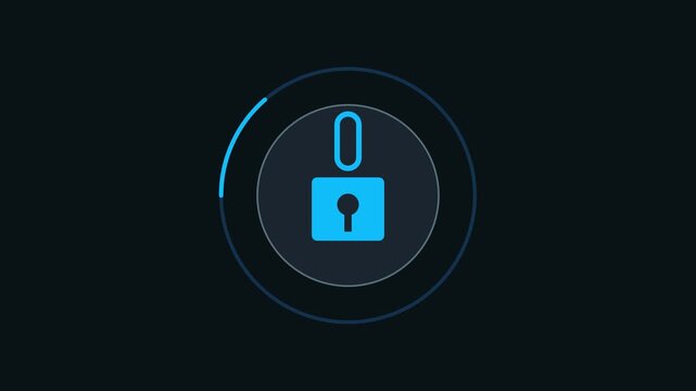 Digital padlock security animation rotating with circular progress bar for cyber security and data protection interface 4k