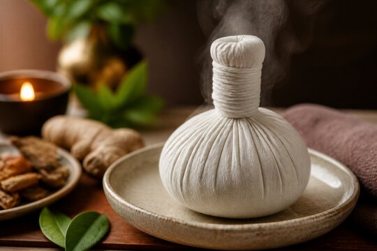 A herbal compress sits on a plate, releasing steam in a wellness setting. The area has natural decor, candles, and herbal ingredients nearby. This scene suggests relaxation and healing.