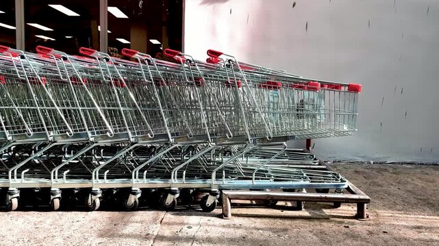 Bogot&aacute;, Colombia - 07-09-2026 - Shopping Carts Outside a Supermarket Illustrating Inflation, Rising Cost of Living, and Consumer Spending Trends, 4K 60 fps