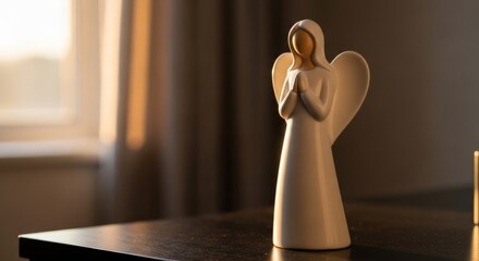 Obraz premium Minimalist white ceramic angel figurine with hands clasped in prayer on a dark polished table, bathed in soft morning light.