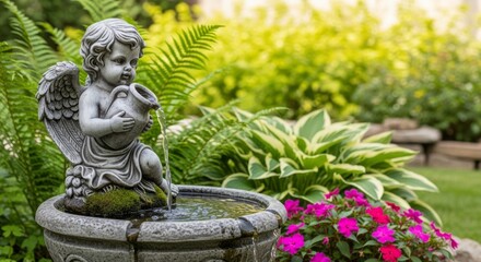 Fototapeta premium Cherub angel fountain in lush garden, water flowing over mossy stones, creating a serene and tranquil backyard oasis