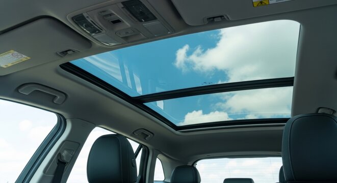 Panoramic sunroof in luxury car interior with sky and clouds, offering bright, airy feel and copy space