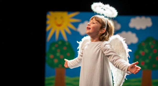 Young angelic child performs enthusiastically on a vibrant school stage with painted backdrops of sun and trees
