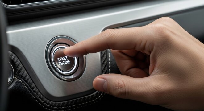 Fingertip pressing a modern car start engine button, symbolizing automotive technology and new beginnings