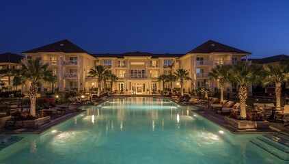 Fototapeta premium Luxury Hotel With Pool and Palm Trees at Dusk in a Tropical Location