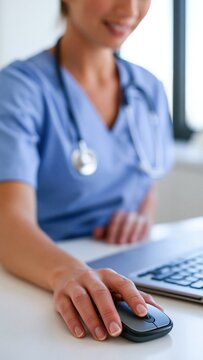 Medical professional using computer mouse at hospital desk